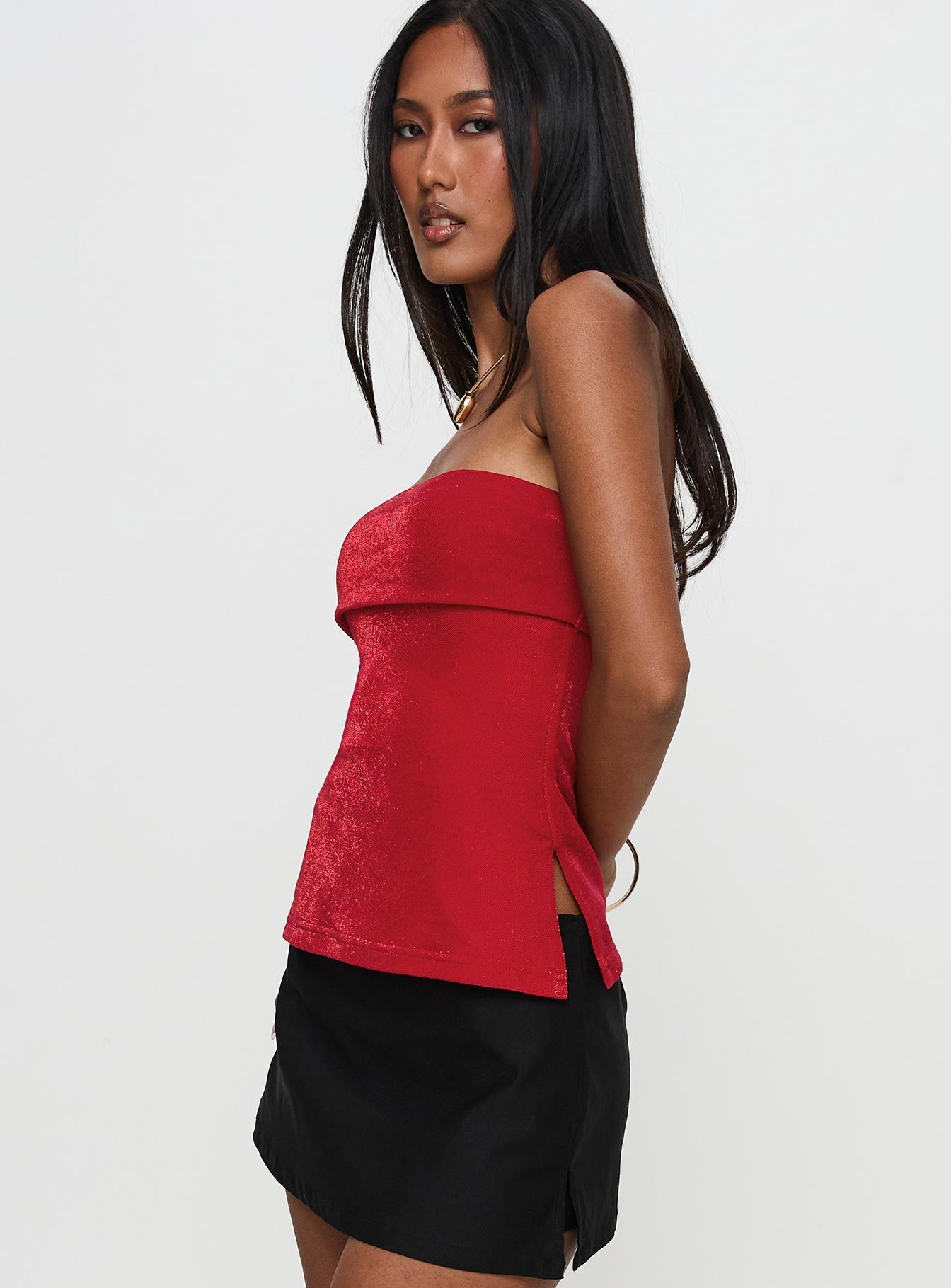 side view of model wearing Princess Polly Strutter Strapless Top Glitter Sleeveless straight 