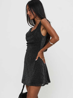 side view of model wearing Princess Polly Romani Mini Dress Black Glitter Cowl Neck 