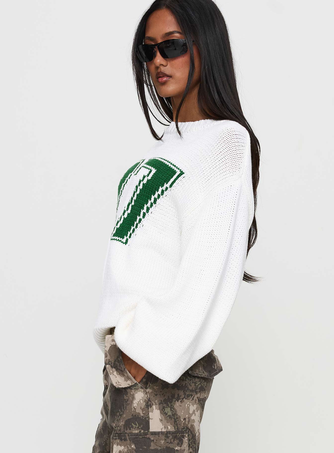 side view of model wearing Princess Polly Summer 77 Knit Sweater White / Green 