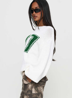 side view of model wearing Princess Polly Summer 77 Knit Sweater White / Green 