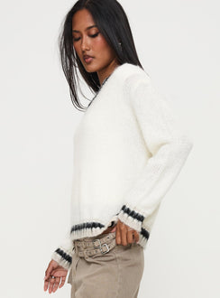side view of model wearing Princess Polly Federation V Neck Knit Sweater White Long 