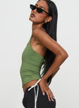 side view of model wearing Princess Polly Ezekiel Nylon Top Green Sleeveless Square Neck 