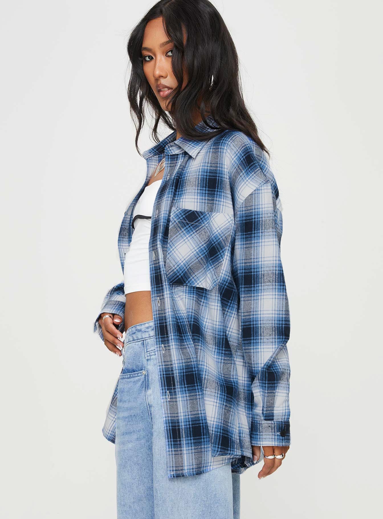 product Princess Polly Full Sleeves Square Neck  Waver Shirt Blue / Black Check