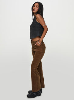 side view of model wearing Princess Polly Feature Pants Brown High Waisted Pants 