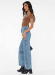 side view of model wearing Princess Polly Arlington Straight Leg Denim Jeans Mid Wash Lower Impact High Waisted 