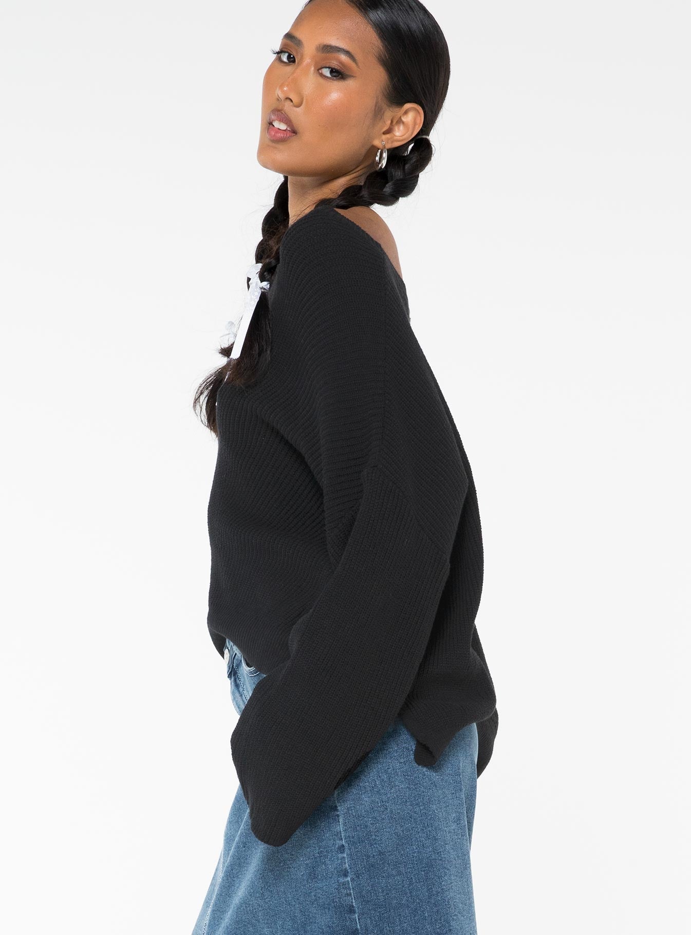 side view of model wearing Princess Polly Eames Sweater Black Long 