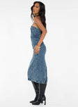 side view of model wearing Princess Polly Smokeshow Strapless Midi Dress Blue Denim Sweetheart Neckline 