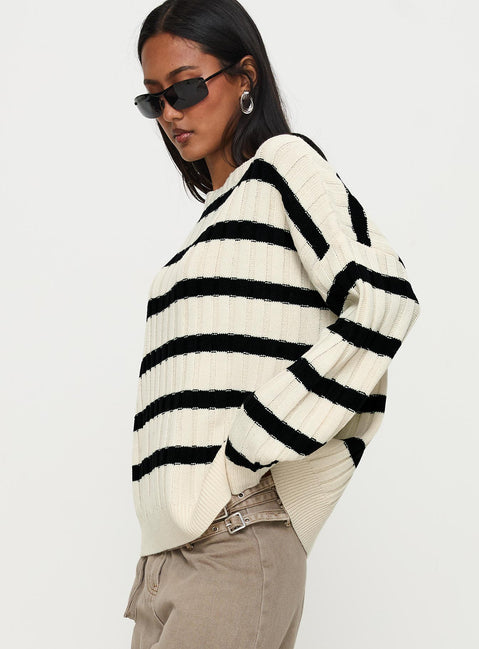 side view of model wearing Princess Polly Elenita Wide Neck Knit Sweater Black / White Long 