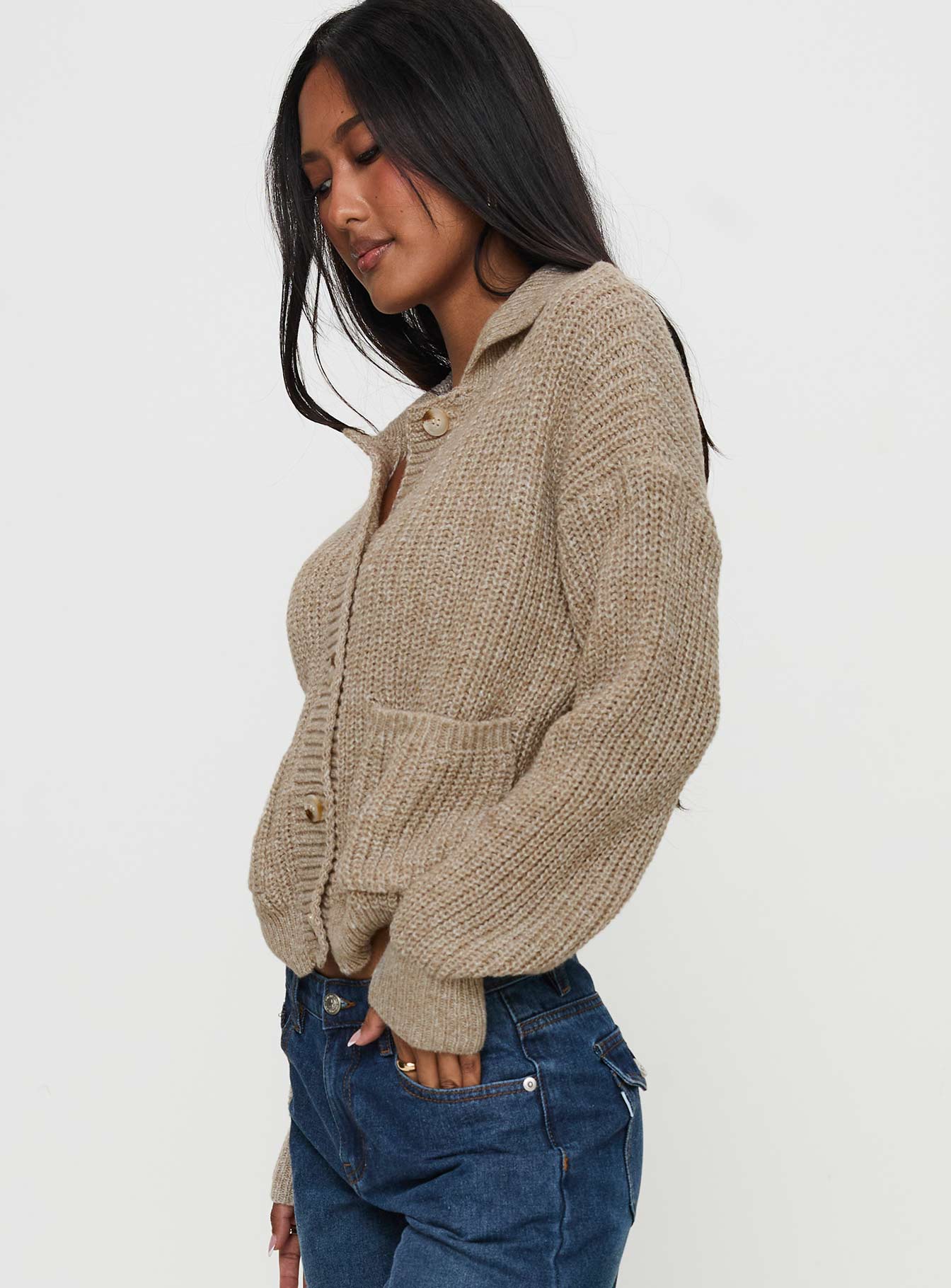 side view of model wearing Princess Polly Darcel Button Up Knit Cardigan Mocha 