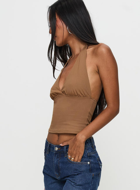 side view of model wearing Princess Polly Whimsy Halter Top Chocolate Sleeveless Plunger 
