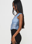 side view of model wearing Princess Polly Gimmie Top Blue Sleeveless V-Neck 