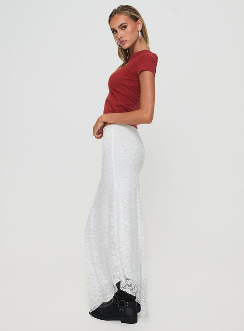   side view of model wearing Princess Polly Cattanio Lace Midi Skirt White Maxi 