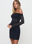 side view of model wearing Princess Polly Blueprint Mesh Long Sleeve Mini Dress Navy Straight Neck 