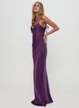 side view of model wearing Princess Polly Linger Bias Cut Maxi Dress Purple V-Neck 