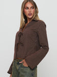 side view of model wearing Princess Polly Rozetti Long Sleeve Top Brown Stripe Full Sleeves V-Neck 