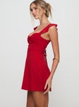 side view of model wearing Princess Polly Landon Mini Dress Red Sweetheart Neckline 