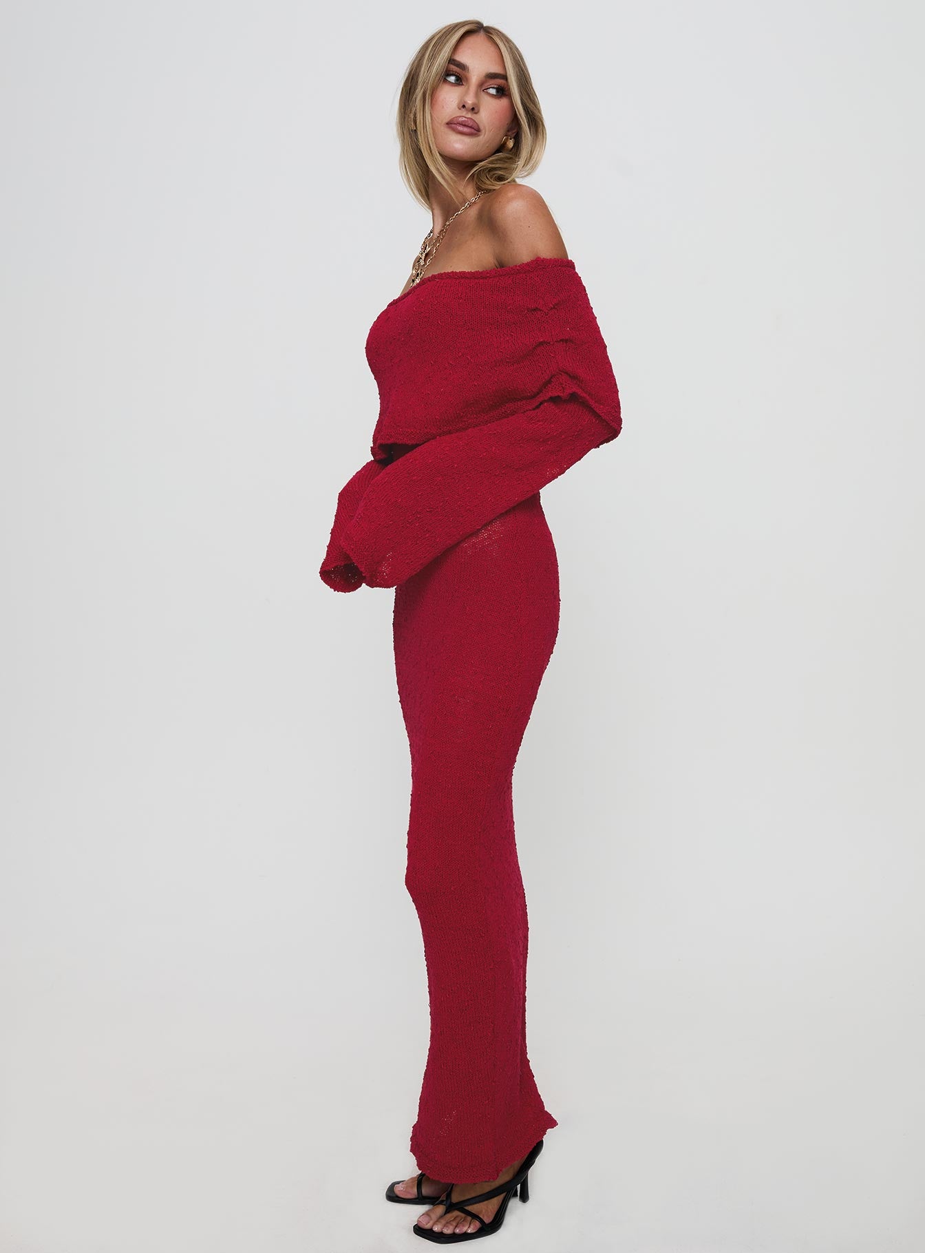 side view of model wearing Princess Polly Aleyah Long Sleeve Maxi Dress Burgundy Straight Neck 