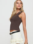 side view of model wearing Princess Polly Vega Top Brown Sleeveless V-Neck 