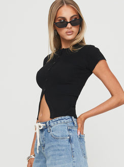 side view of model wearing Princess Polly Suzu Top Black Short Sleeves High Neck 