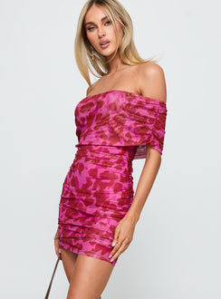 side view of model wearing Princess Polly Hotseat Off The Shoulder Mini Dress Pink Straight Neck 