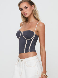 side view of model wearing Princess Polly Tehlie Top Slate Sleeveless Sweetheart 