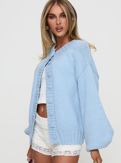 side view of model wearing Princess Polly Edern Cardigan Blue cropped 
