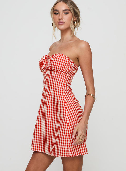 side view of model wearing Princess Polly Double Date Mini Dress Red Gingham Straight Neck 