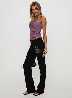 side view of model wearing Princess Polly Quotation Diamante Flare Pants Black Low Rise Pants 