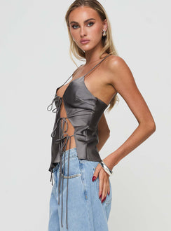 side view of model wearing Princess Polly Mariah Top Grey Sleeveless Plunger 