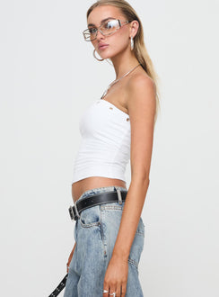 side view of model wearing Princess Polly Mayuk Strapless Top White Sleeveless straight 