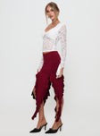   side view of model wearing Princess Polly Peachey Asymmetric Ruffle Midi Skirt Burgundy Midi Skirts 