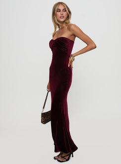 side view of model wearing Princess Polly Irena Strapless Maxi Dress Burgundy Sweetheart Neckline 