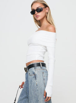 side view of model wearing Princess Polly Morley Off Shoulder Sweater White cropped 