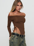 side view of model wearing Princess Polly Endellion Off Shoulder Long Sleeve Top Chocolate Full Sleeves straight 