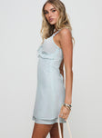 side view of model wearing Princess Polly Supernatural Mini Dress Light Blue V-Neck 