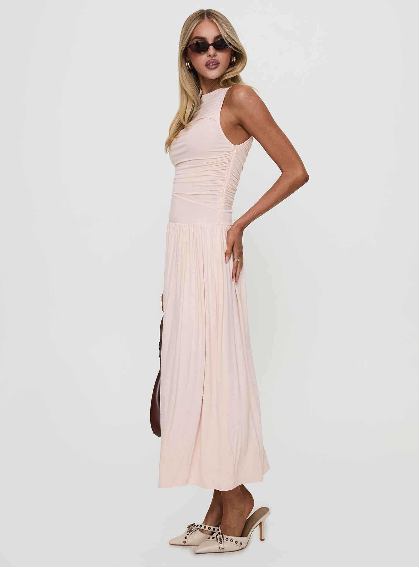 side view of model wearing Princess Polly Reveur Ruched Maxi Dress Pink High Neck 