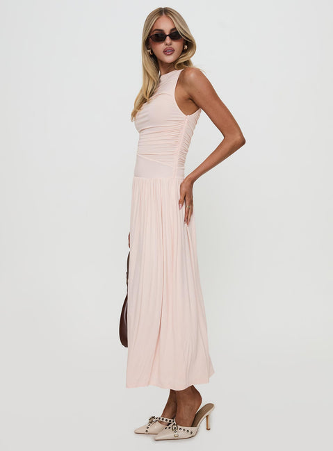 side view of model wearing Princess Polly Reveur Ruched Maxi Dress Pink High Neck 