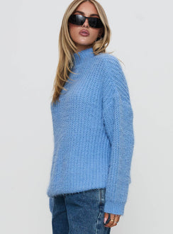 side view of model wearing Princess Polly Gavelston Crew Neck Waffle Sweater Blue Long 