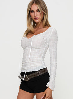 side view of model wearing Princess Polly Raelynne Tie Detail Top White Full Sleeves Scoop Neck 