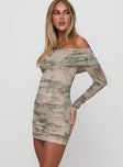 side view of model wearing Princess Polly Artefact Off The Shoulder Mini Dress Multi Straight Neck 