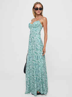 side view of model wearing Princess Polly Easten Maxi Dress Green Sweetheart Neckline 