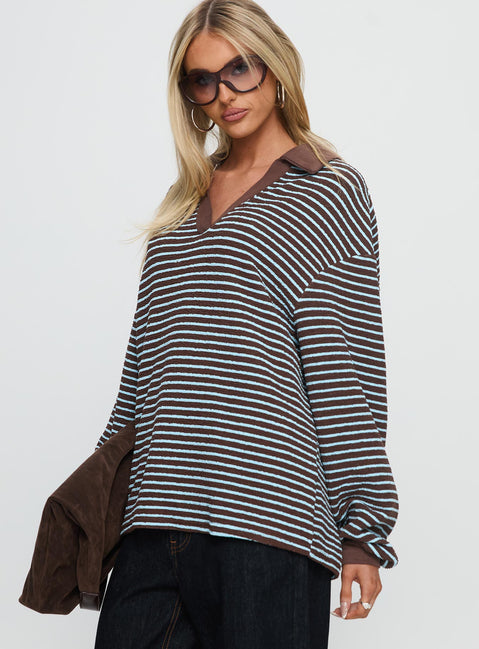 side view of model wearing Princess Polly Rigbys Collared Jumper Brown / Blue Stripe Longline Jumpers 
