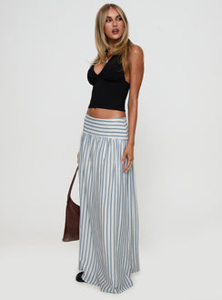   side view of model wearing Princess Polly Find Your Love Flowy Maxi Skirt White Maxi 