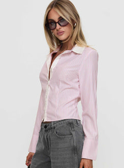 side view of model wearing Princess Polly Lyndel Long Sleeve Top Pink Stripe Full Sleeves V-Neck 
