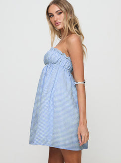 side view of model wearing Princess Polly Wynston Mini Dress Blue Gingham Straight Neck 