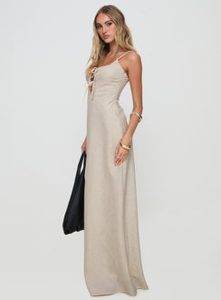 side view of model wearing Princess Polly Seraphia Maxi Dress Beige Sweetheart Neckline 