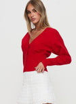 side view of model wearing Princess Polly Wistfully Knit Cardigan Red 