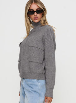 side view of model wearing Princess Polly Too Busy Zip Up Sweater Grey Cropped 