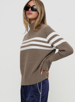side view of model wearing Princess Polly Bessemer Funnel Neck Knit Sweater Mocha Stripe Long 