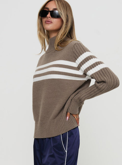 side view of model wearing Princess Polly Bessemer Funnel Neck Knit Sweater Mocha Stripe Long 